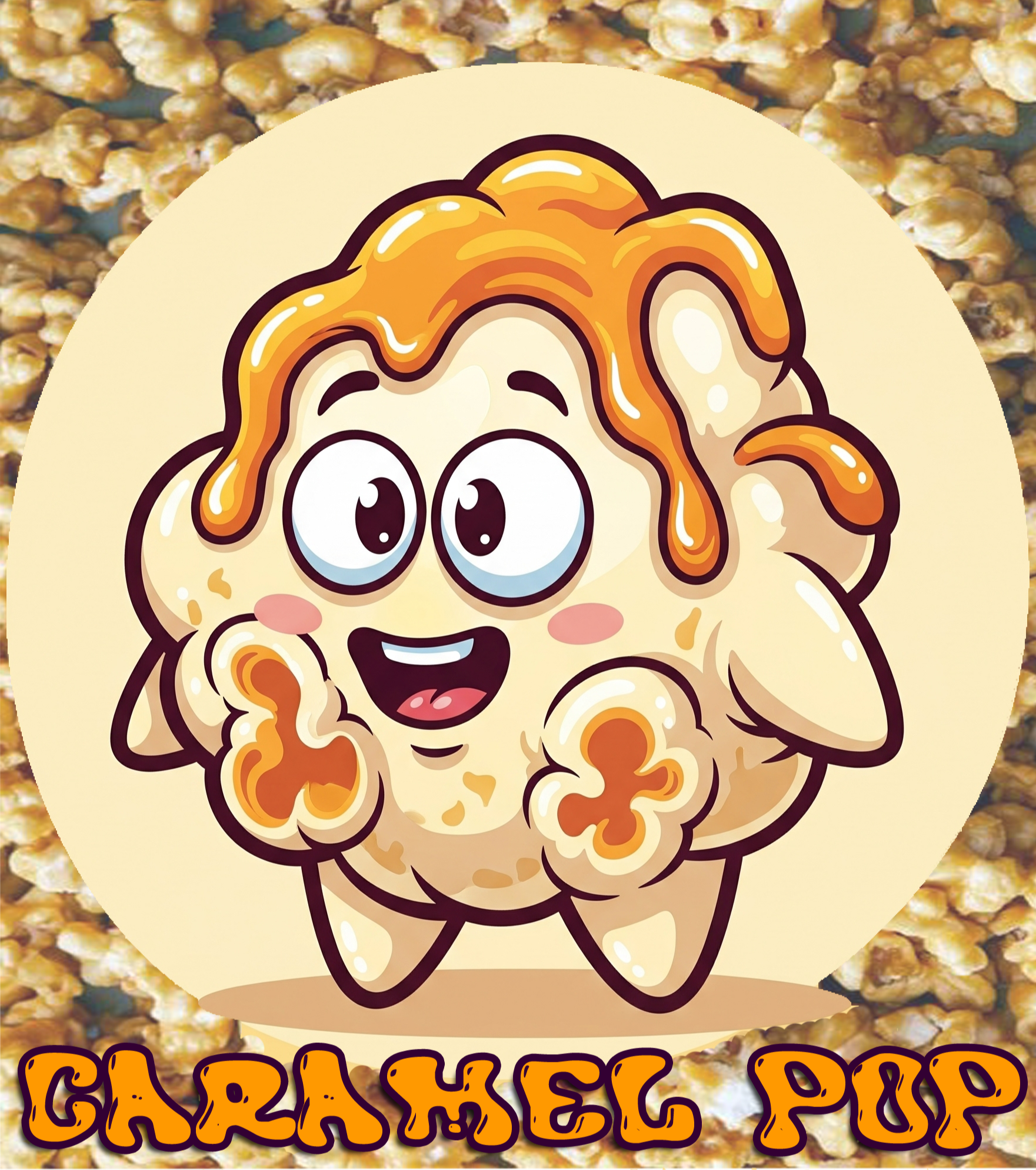 Cartoon character based on a popped popcorn kernel, drenched in caramel against a background of caramel popcorn.