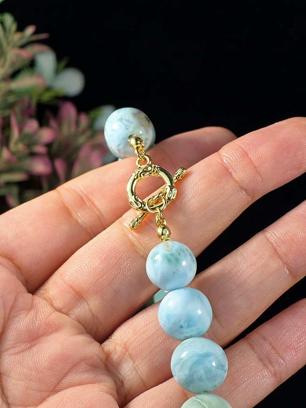 Thumbnail: LARIMAR BEADED NECKLACE W/14K GOLD FILLED CLOSURE- 16"