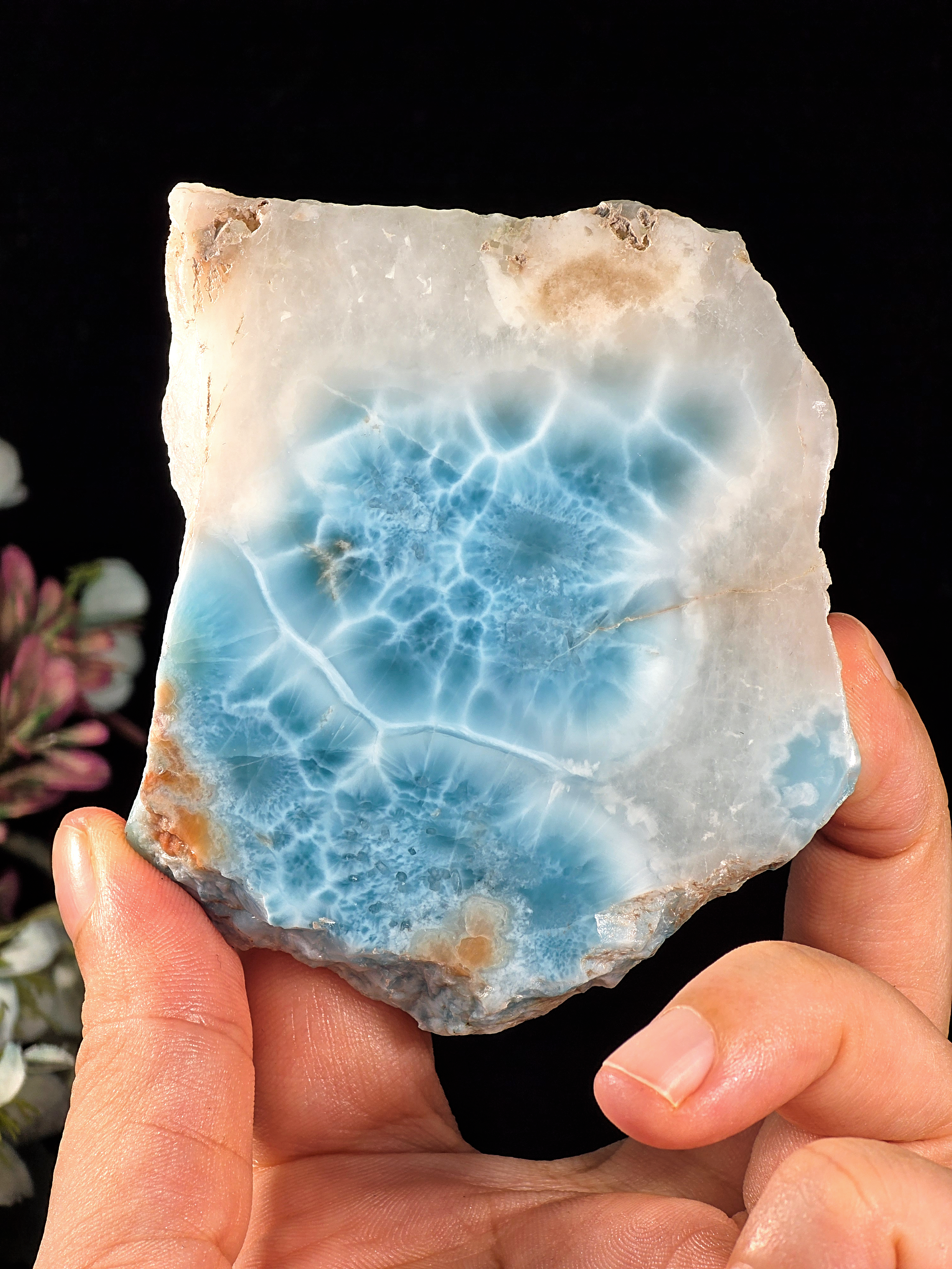 136G VERY RARE LARIMAR WITH QUARTZ POLISHED SLAB