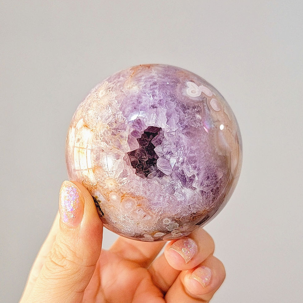 Thumbnail: 422G FLOWER AGATE SPHERE WITH AMETHYST GEODE