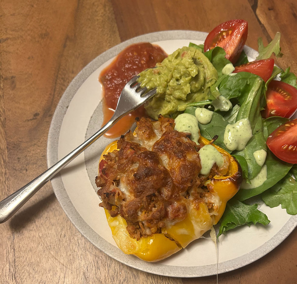 Taco Stuffed Bells with Greens, Salsa and Guac!