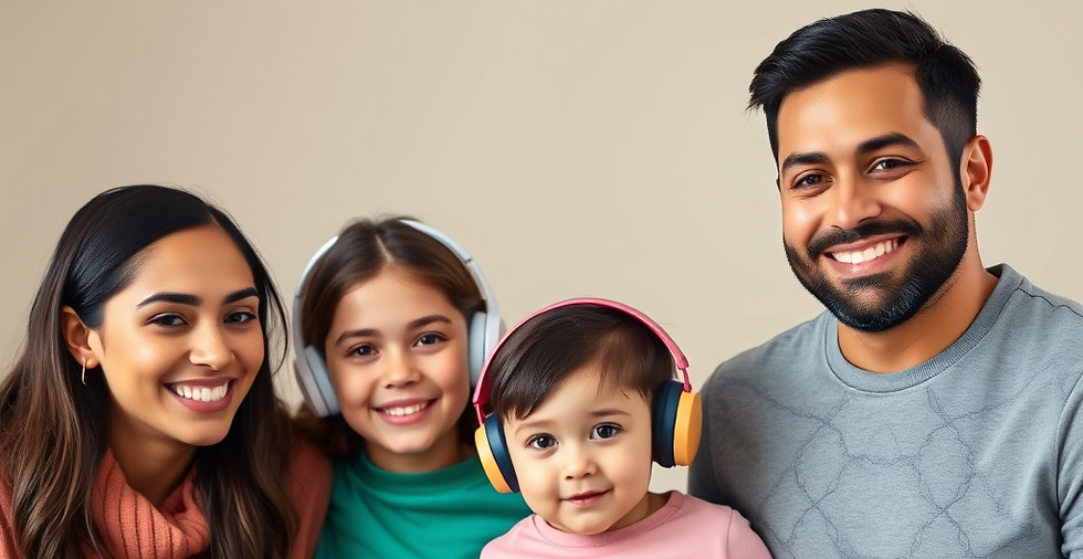 A warm, photo showing a diverse family supporting a neurodivergent child — including visib