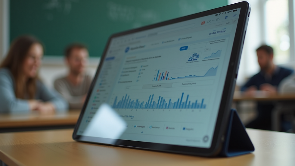 Close-up view of a tablet displaying educational software in a classroom