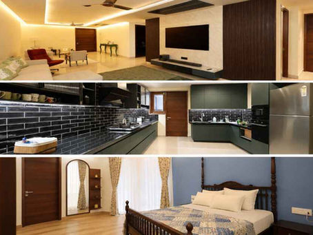 Luxury 4BHK interior design at Pranava One Hyderabad featuring a modern living room with fluted TV unit, a 20-foot modular kitchen with matte green cabinetry and black backsplash, and a serene blue-accent bedroom with warm ambient lighting, designed by 4inch studio for a family of doctors.