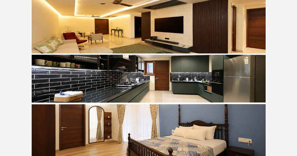 Luxury 4BHK interior design at Pranava One Hyderabad featuring a modern living room with fluted TV unit, a 20-foot modular kitchen with matte green cabinetry and black backsplash, and a serene blue-accent bedroom with warm ambient lighting, designed by 4inch studio for a family of doctors.