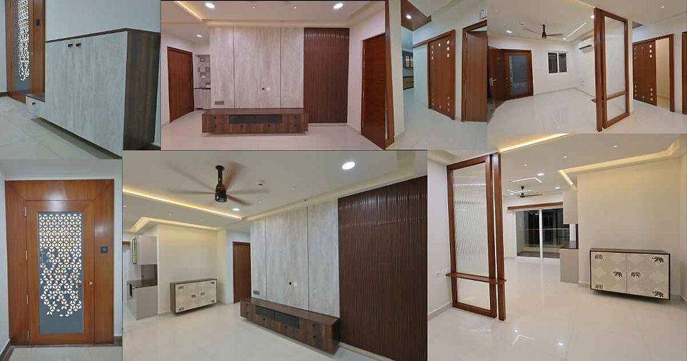 Modern foyer design with wooden door featuring geometric panel, shoe storage unit, and minimal entryway interior in Team4 Nyla Bachupally Hyderabad