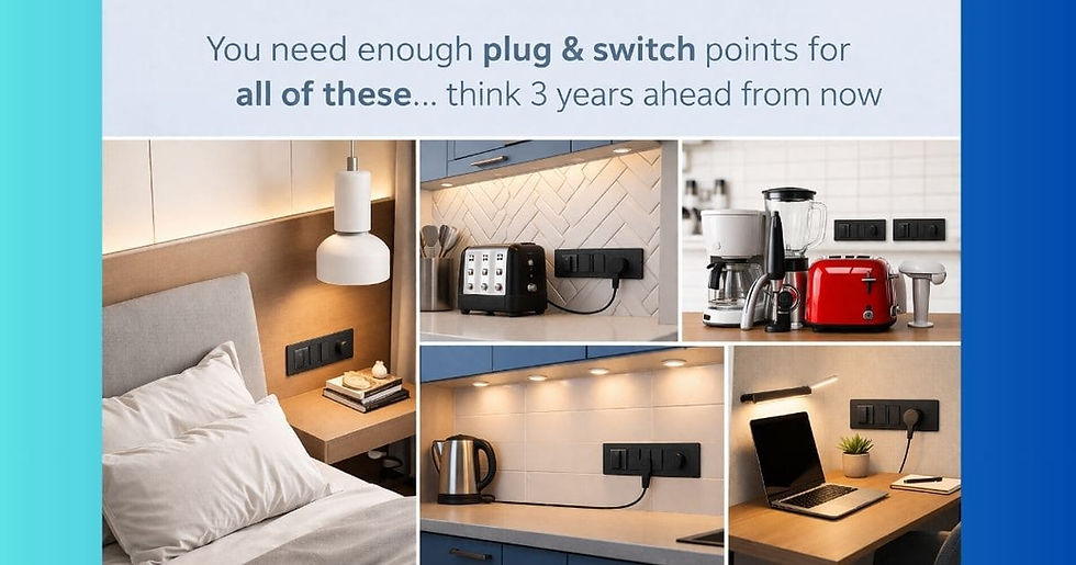 Modern home interior with well-planned plug points in bedroom, wardrobe, kitchen, and workspace