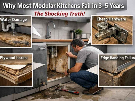 Modular kitchen damage showing swollen cabinets, plywood delamination, rusted hinges, and edge banding failure due to moisture exposure