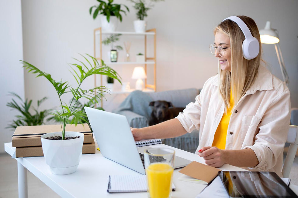 Jeune femme travaillant depuis chez elle avec un ordinateur portable et un casque audio, dans un espace de bureau lumineux et moderne.