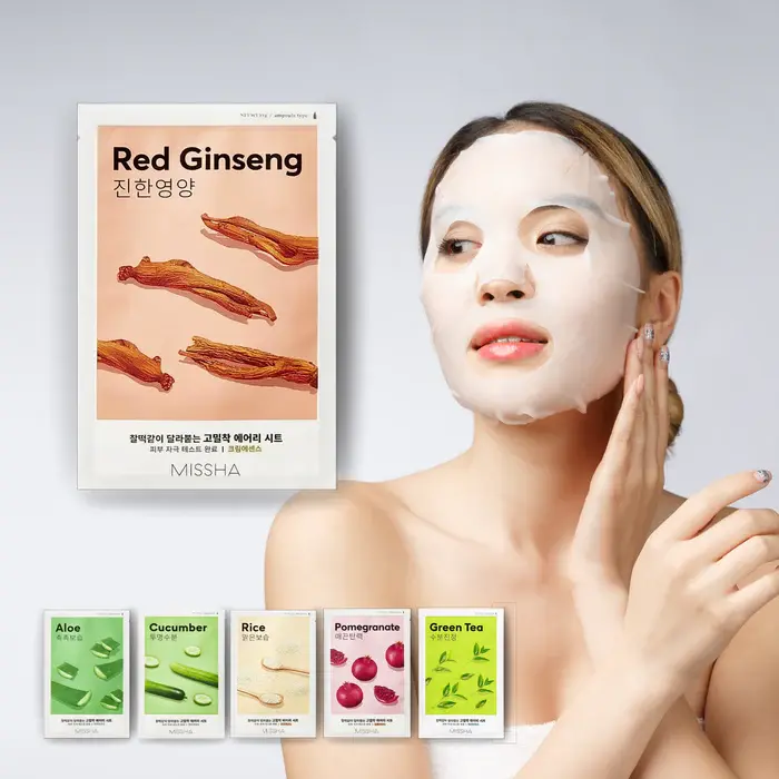 MISSHA Airy Fit Sheet Mask (Red Ginseng) with a girl
