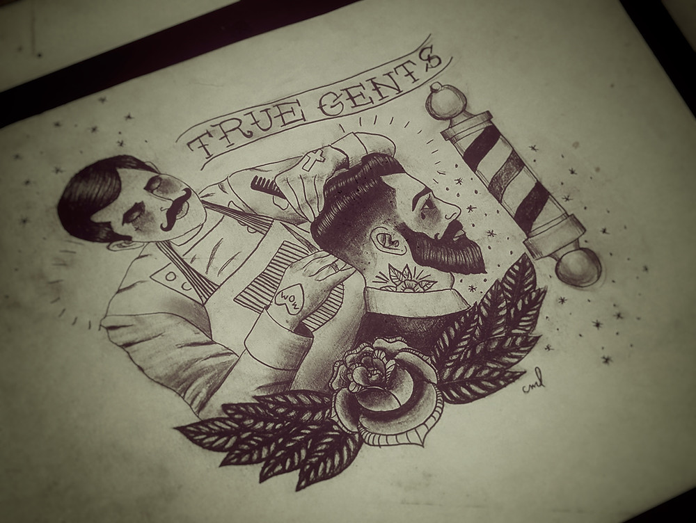 Black and Grey sketch of a barber with a gentlemen getting a fade.