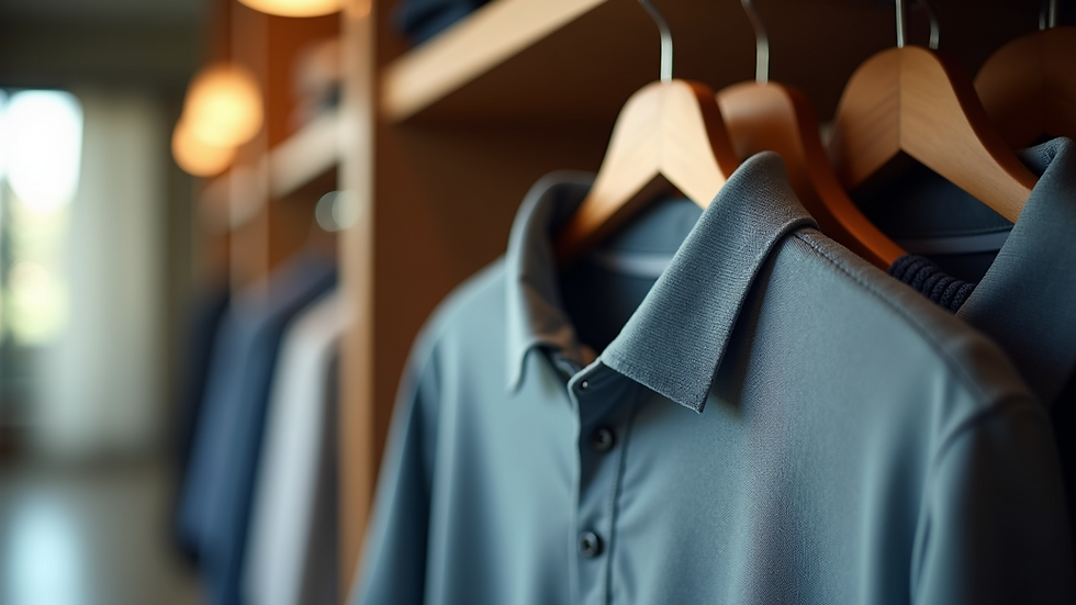 Eye-level view of a stylish golf polo displayed on a hanger