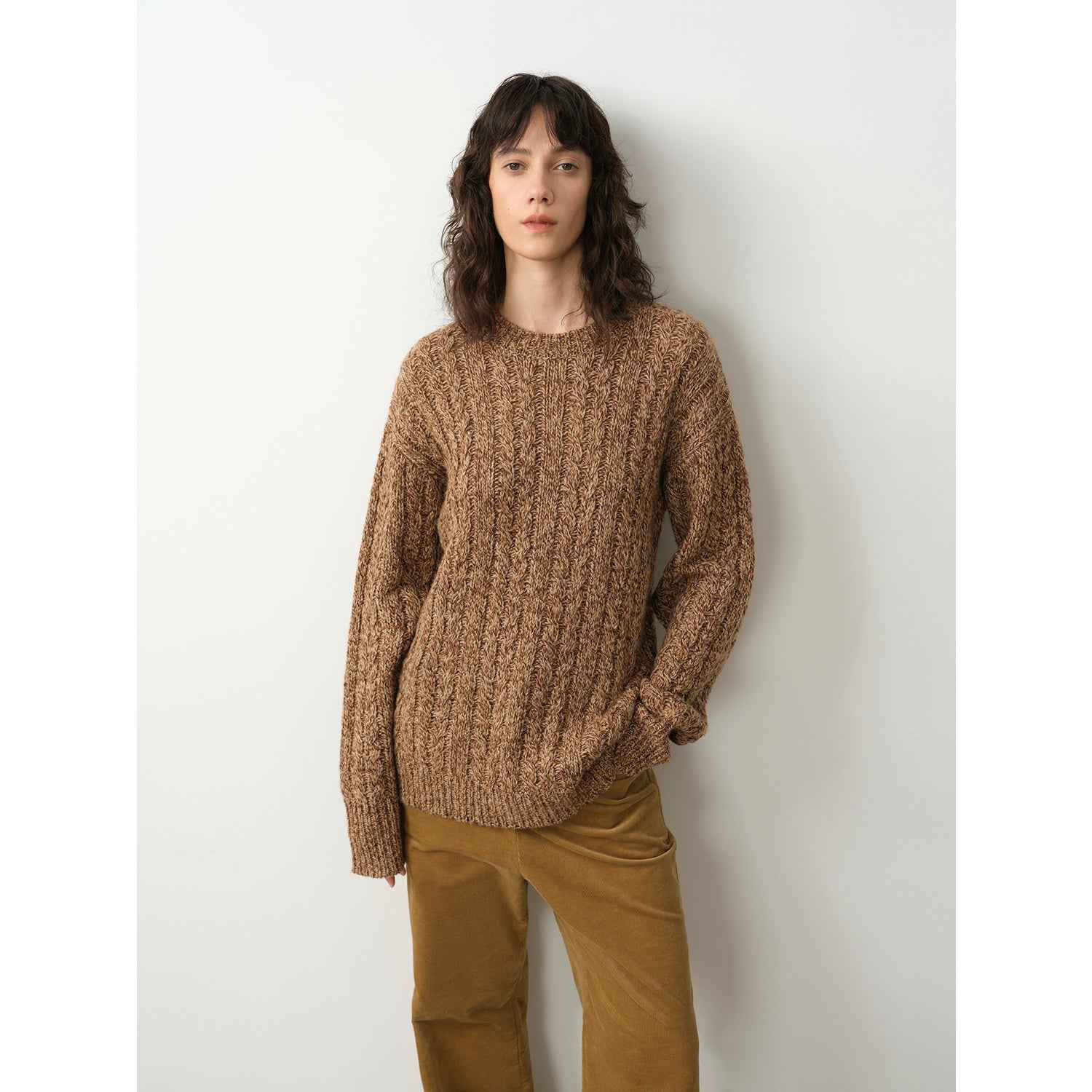 **"Thousand Islands Forest Club" Cable-Knit Wool Sweater — Wide Shoulder