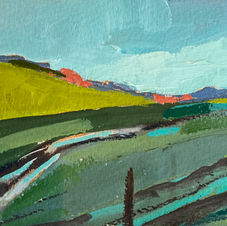 Painting of a Dorset valley in shadow in green and orange and blue and pink