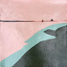 Abstract painting of the Thames foreshore in pink and blue and green