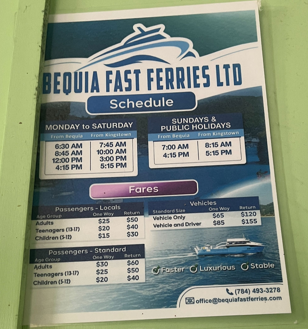 Schedule poster for Bequia Fast Ferries Ltd. Lists weekday and weekend times, fares for passengers and vehicles. Blue theme with ferry logo.