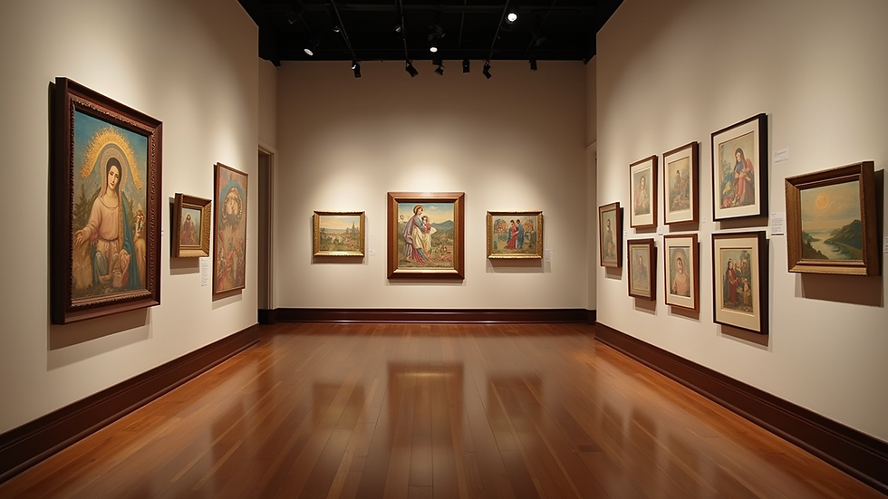 Eye-level view of a vibrant Jewish art exhibit showcasing traditional and contemporary pieces