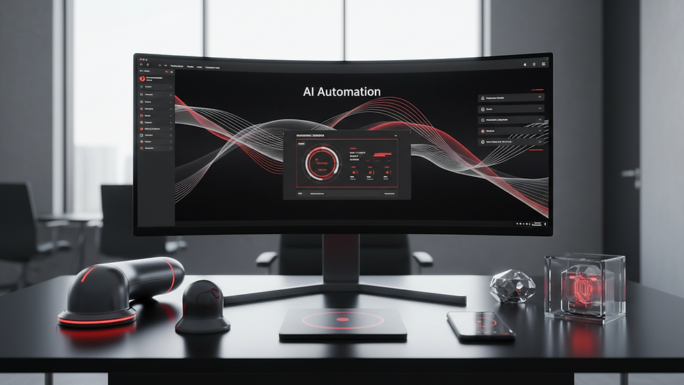 Eye-level view of a modern office workspace with AI automation software on a computer screen