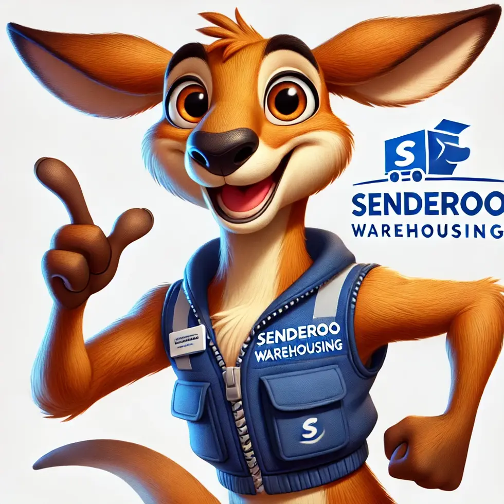 DALL·E 2025-02-11 22.53.08 - A friendly cartoon kangaroo mascot named Senderoo, wearing a navy blue vest with the Senderoo Warehousing logo. He has large expressive brown eyes, a 