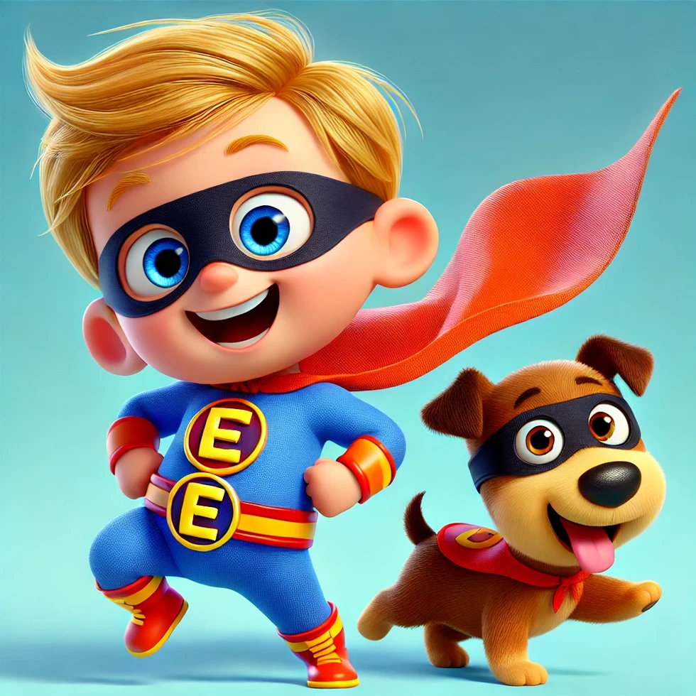 DALL·E 2025-02-14 20.00.29 - The Amazing Adventures of Baby Endy and Fran, Pixar-style cartoon, 3D animation. A baby superhero, a blonde boy with a big smile, energetic and playfu