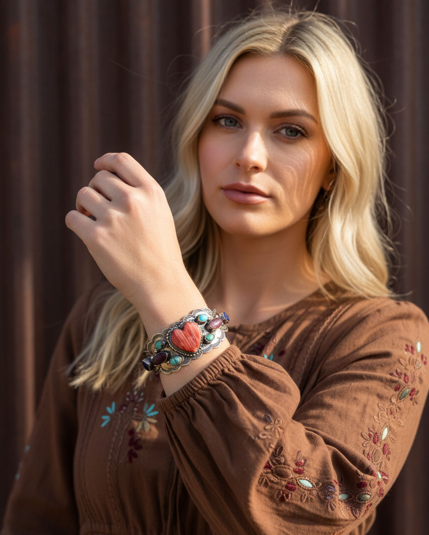 Heart & Wings sterling silver cuff on model’s wrist—carved red heart centerpiece with turquoise and purple stones—styled with an embroidered brown boho dress in golden-hour light.