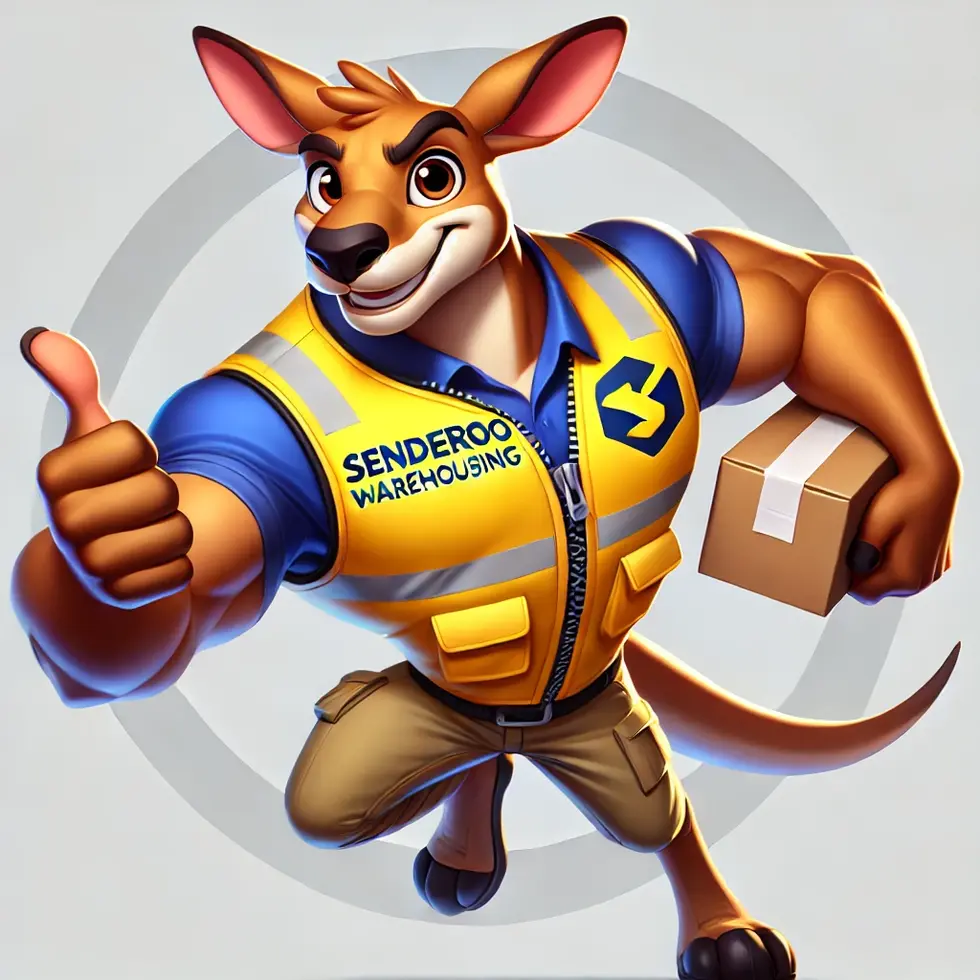 DALL·E 2025-02-11 22.27.06 - A muscular yet friendly cartoon kangaroo mascot named Senderoo, wearing a well-fitted vibrant golden yellow vest (#EFD804) with the Senderoo Warehousi