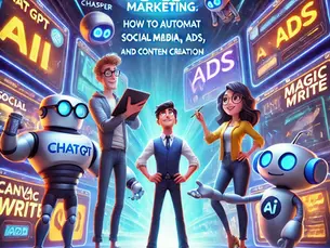 "A vibrant Pixar-style animated scene featuring AI marketing tools as anthropomorphic characters. ChatGPT, a wise strategist with glasses and a futuristic tablet, stands confidently alongside Jasper, an energetic copywriter with a notebook, and Canva Magic Write, a stylish visionary holding a digital design board. The AI team surrounds Andy, a young entrepreneur, inside a futuristic marketing command center filled with glowing screens displaying social media, ads, and content creation tools. The background features animated advertisements forming in real-time, showcasing AI's role in automating digital marketing. The bold, glowing title reads: ‘AI-Powered Marketing: How to Automate Social Media, Ads, and Content Creation!’"