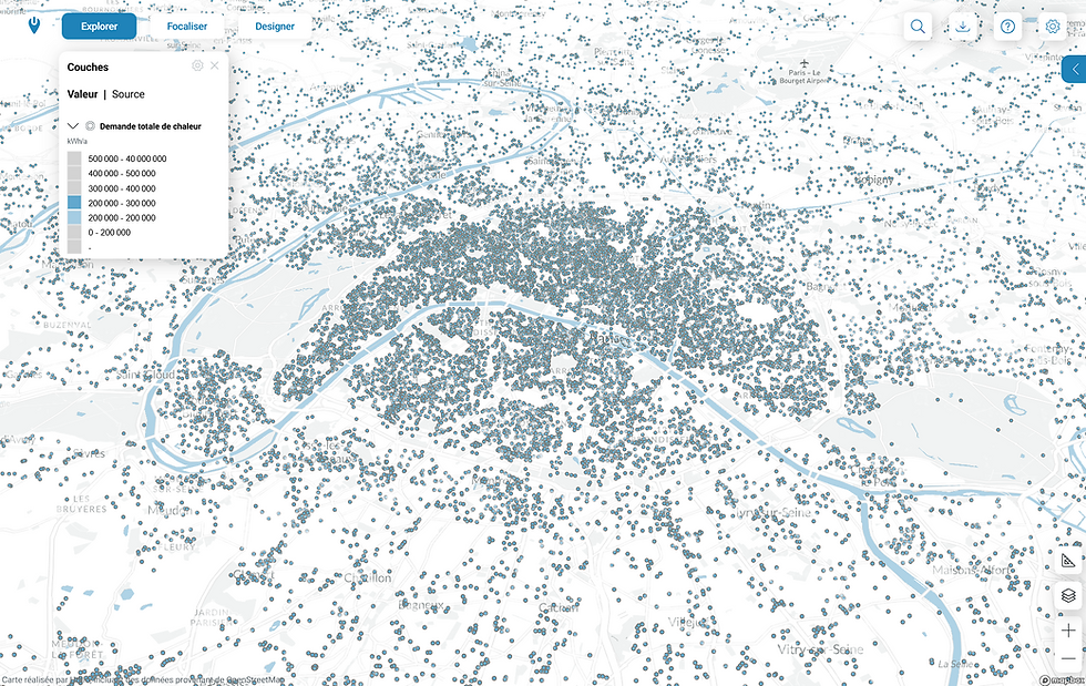 Un aperçu des demandes en chaleur des bâtiments en Île-de-France dans la plateforme Urbio.