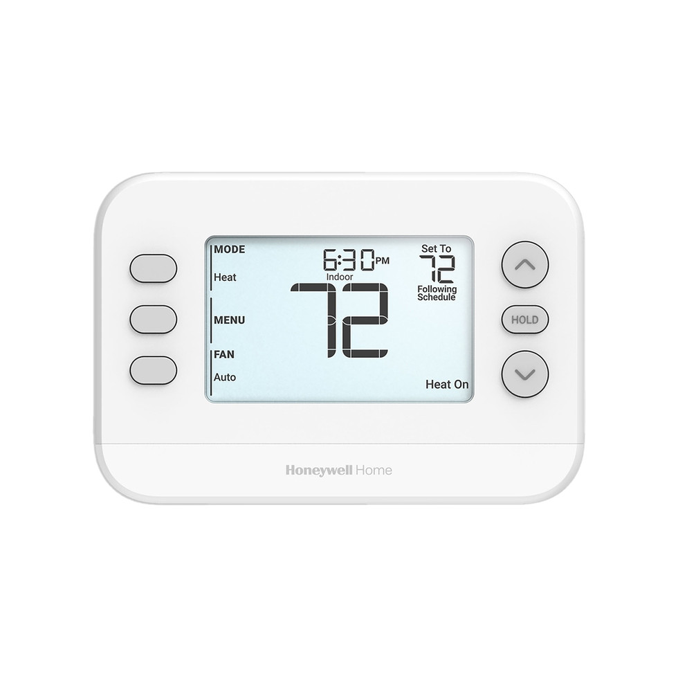 Vista frontal del termostato programable Honeywell Home FocusPRO TH2110U4004U, pantalla retroiluminada con botones de control