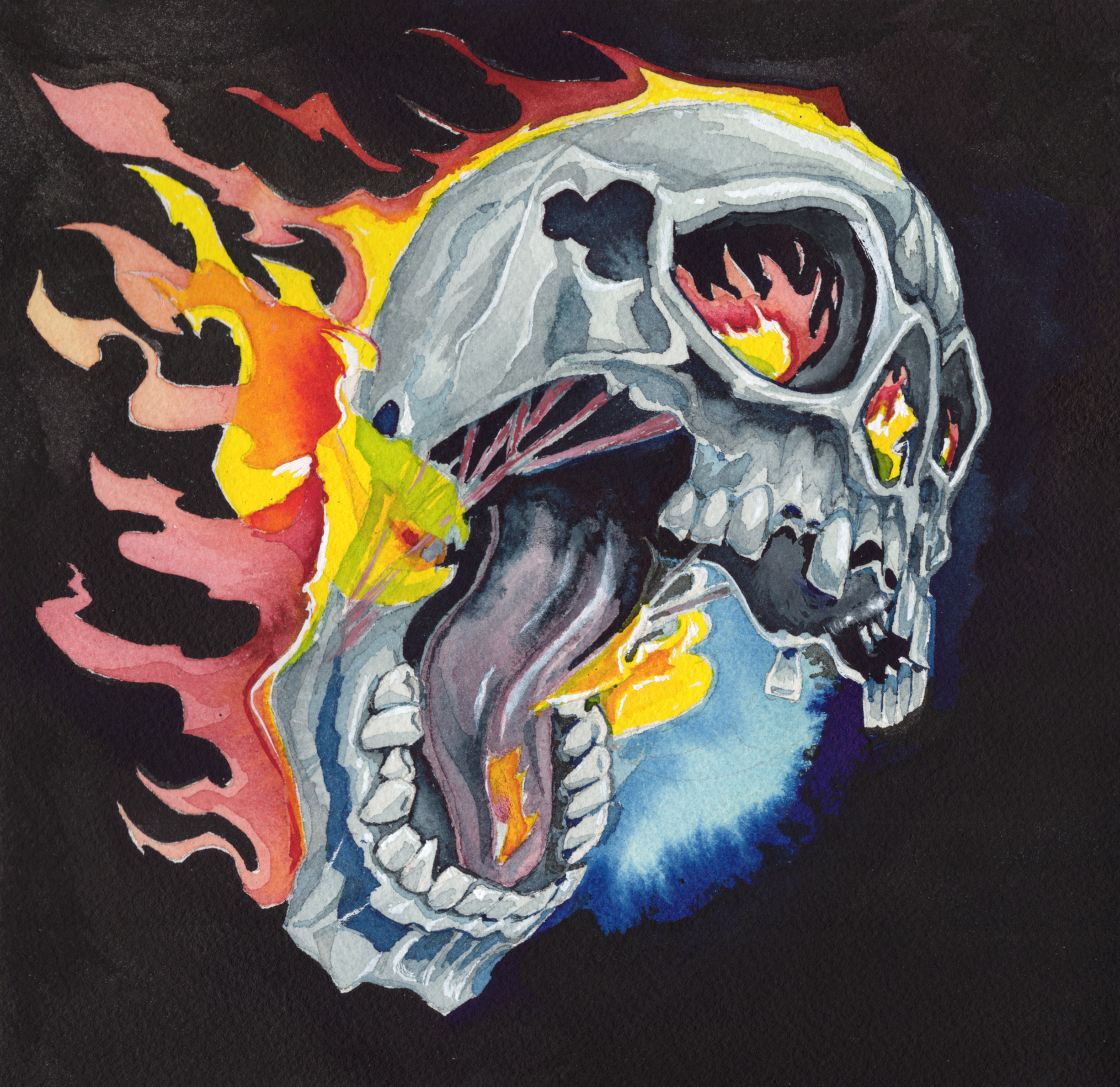 'Flaming Skull', 8" x 8", 2026, watercolor and gouache, soon to be framed