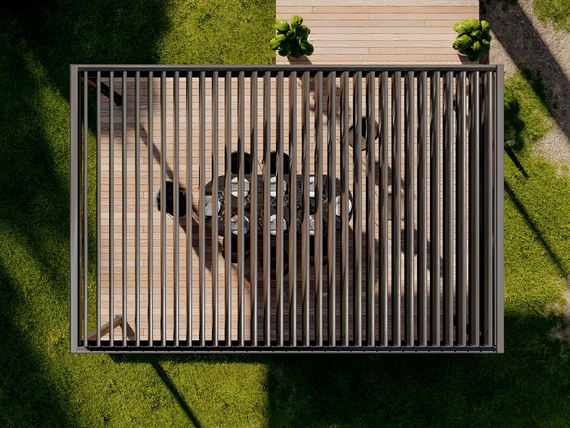 Lamelltak i aluminium på pergola fra Pemasol, sett ovenfra