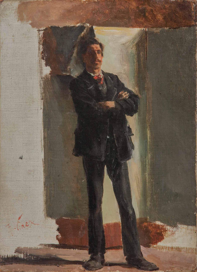 Portret van een staande man met zijn armen over elkaar geschilderd door de Italiaanse kunstenaar Vinea Francesco