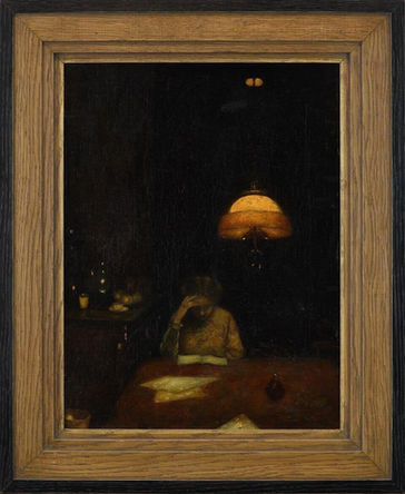 Kunsthandel Bob Scholte Fine Art biedt schilderijen, tekeningen en prenten van Jan Mankes te koop aan, portret van zijn vrouw Annie Mankes Zernike lezend aan tafel, tentoongesteld in Museum Arnhem