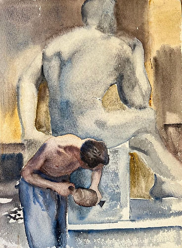 Anneke van der Feer te koop aquarel van een beeldhouwer aan het werk