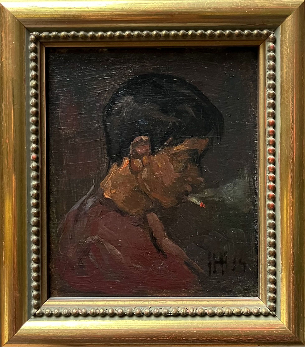Thumbnail: Schilderij van de kunstschilder Herman Heijenbrock te koop, Glasblazer, jongen met sigaret uit 1914