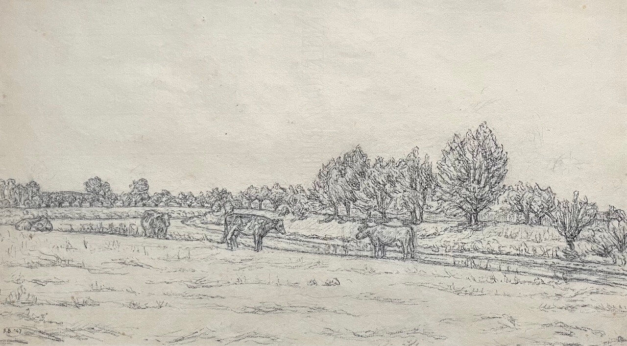 Tekening van Rudolf Bremmer, landschap met koeien bij een sloot uit 1947