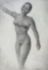 Surinaams naakt van Nola Hatterman te koop, gesigneerde tekening van een Surinaamse dame staand naakt met opgeheven arm 1940s