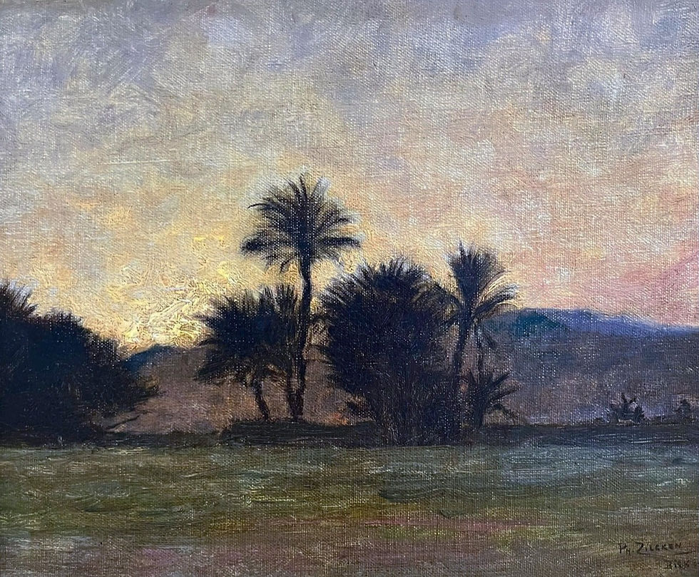 Thumbnail: Schilderij van de kunstschilder Philips Zilcken te koop, Avond in Biskra, Algarije. Orientalistische oase