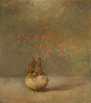 Kunsthandel Bob Scholte Fine Art biedt een schilderij van kunstschilder Jan Mankes te koop aan, Stilleven met kruikje met daarin Dopheide