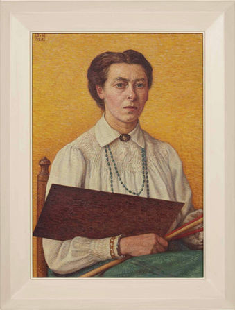 Kunsthandel Bob Scholte Fine Art biedt een zelfportret van Bertha van Hasselt te koop aan, afgebeeld op Bremmeriaanse wijze met een schilderspalet en kwasten in de hand zittend op een stoel