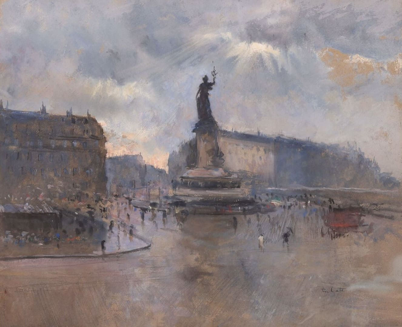 Tekening van impressionist Siebe Johannes ten Cate te koop, Place de la Republique in Paris