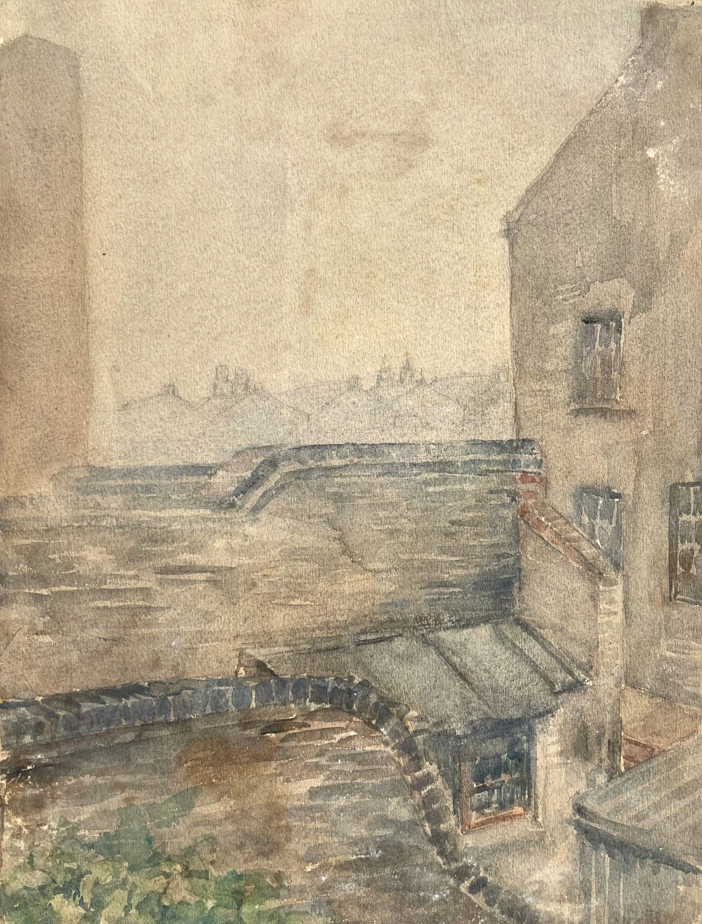 Aquarel van Nola Hatterman te koop, uitzicht op de achterbuurt in Londen