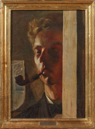 Schilderij te koop van Christjern Schobius, afgebeeld een zelfportret met pijp in een sterk licht donker contrast