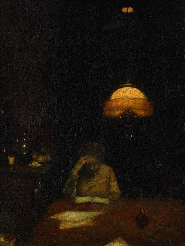 Thumbnail: Schilderij van Jan Mankes te koop, Annie lezend bij lamplicht. Nu te zien in Museum Arnhem Verstilling en Strijd
