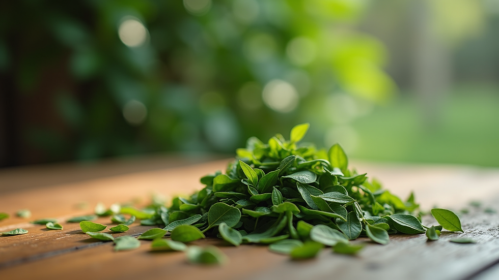 Close-up view of fresh green tea leaves on a wooden table