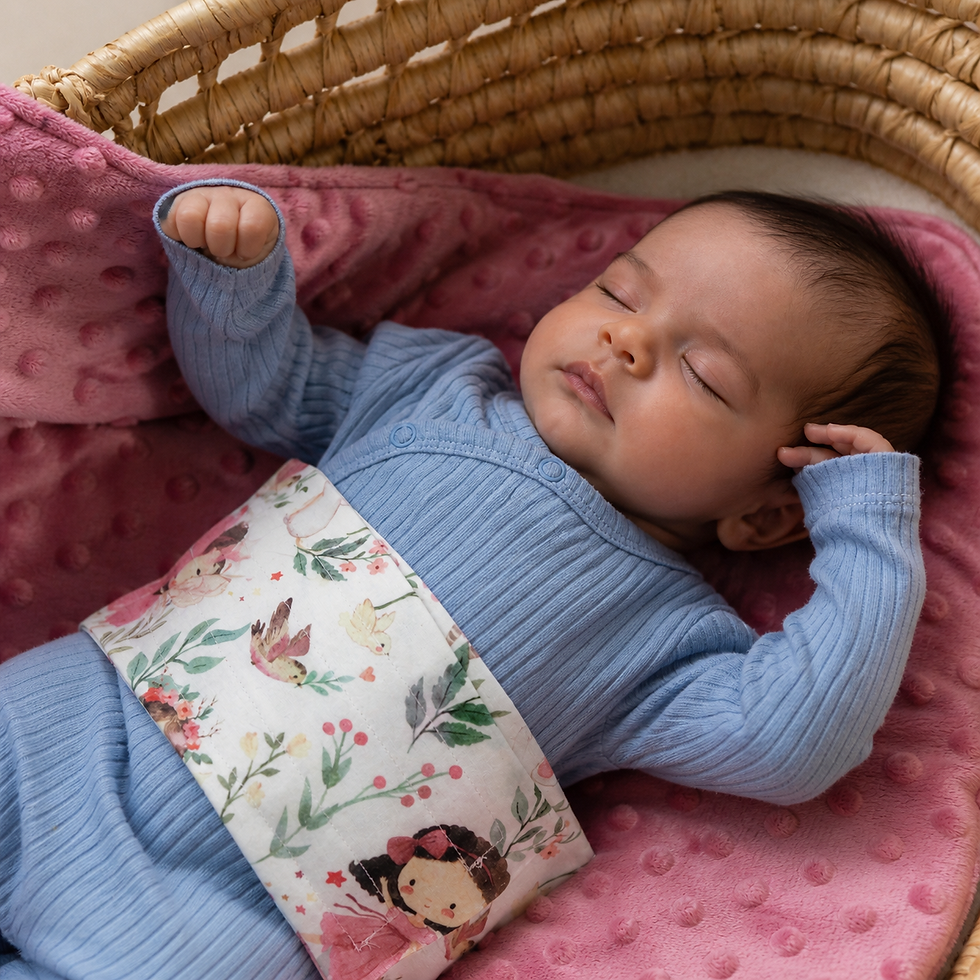 Bébé endormi dans son couffin avec le bandeau de sécurité de la couverture cocoon fait main, tissu fées et minky rose