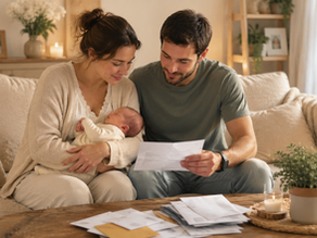 Parents avec leur bébé, entourés de courriers et documents administratifs, ambiance chaleureuse à la maison