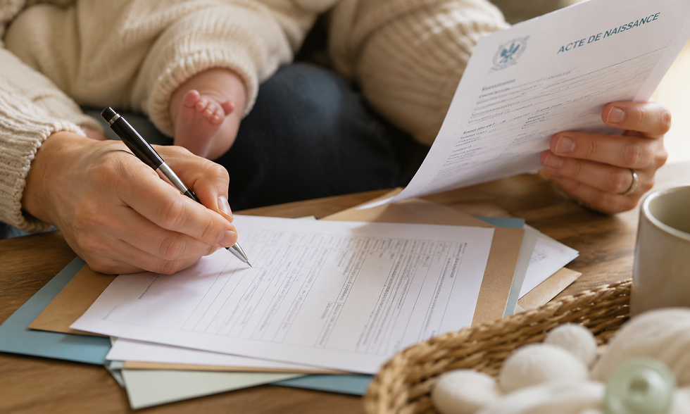 Parent signant les documents administratifs avec l'acte de naissance en main, pied de bébé visible en arrière-plan