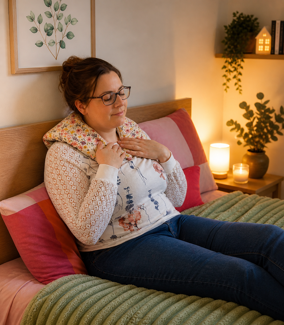 Femme apaisée utilisant sa bouillotte dorsale graines de lin autour de la nuque et des épaules, ambiance cocooning