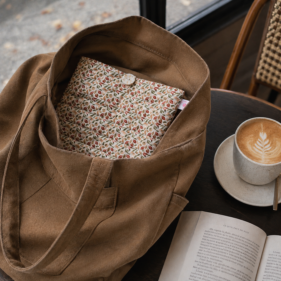 Pochette livre broché feuilles automne dans tote bag café – Les Folies du Crochet